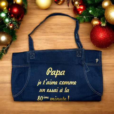 Tablier Ruckfield en jean sérigraphie "Papa je t'aime comme un essai à la 80ème minute"