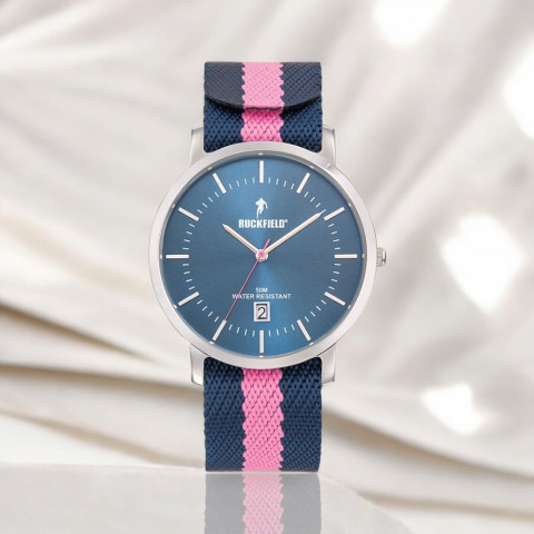 Montre homme Ruckfield bracelet tissu Bleu & rose